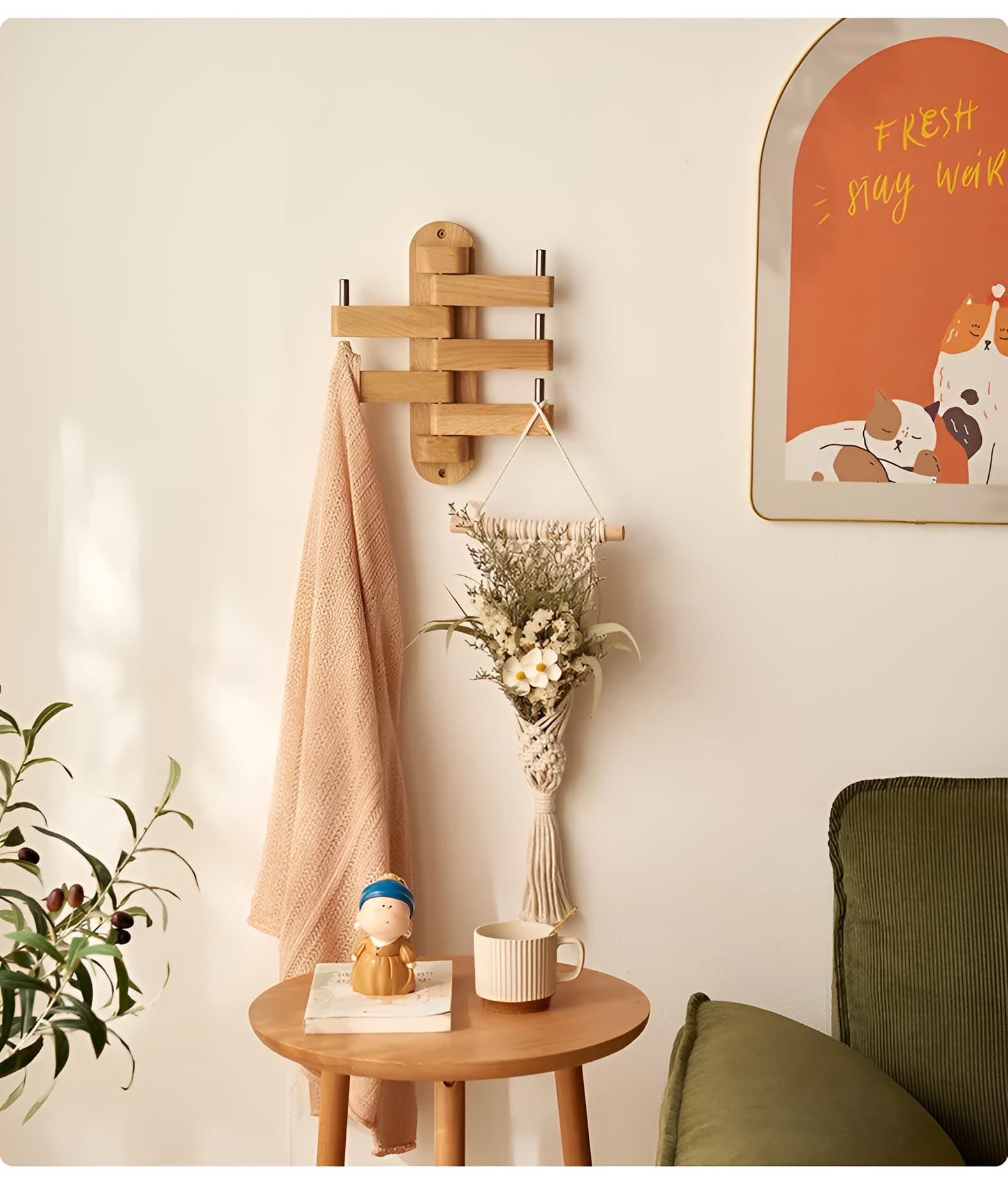 Keebori Modern Scandinavian Entryway Wall Organizer, Hat and Coat Hanger Rack, Multi-Hook Wooden Wall Hooks for Jackets, Bags, Hats, Scarves, Bedroom, Hallway, Mudroom Home Storage Décor 3