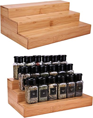 Miniatura 8 de Sansnow Cajón de bambú de 3 niveles para especias, gabinete de cocina de madera, organizador de especias, soporte para tarros de especias, soporte
