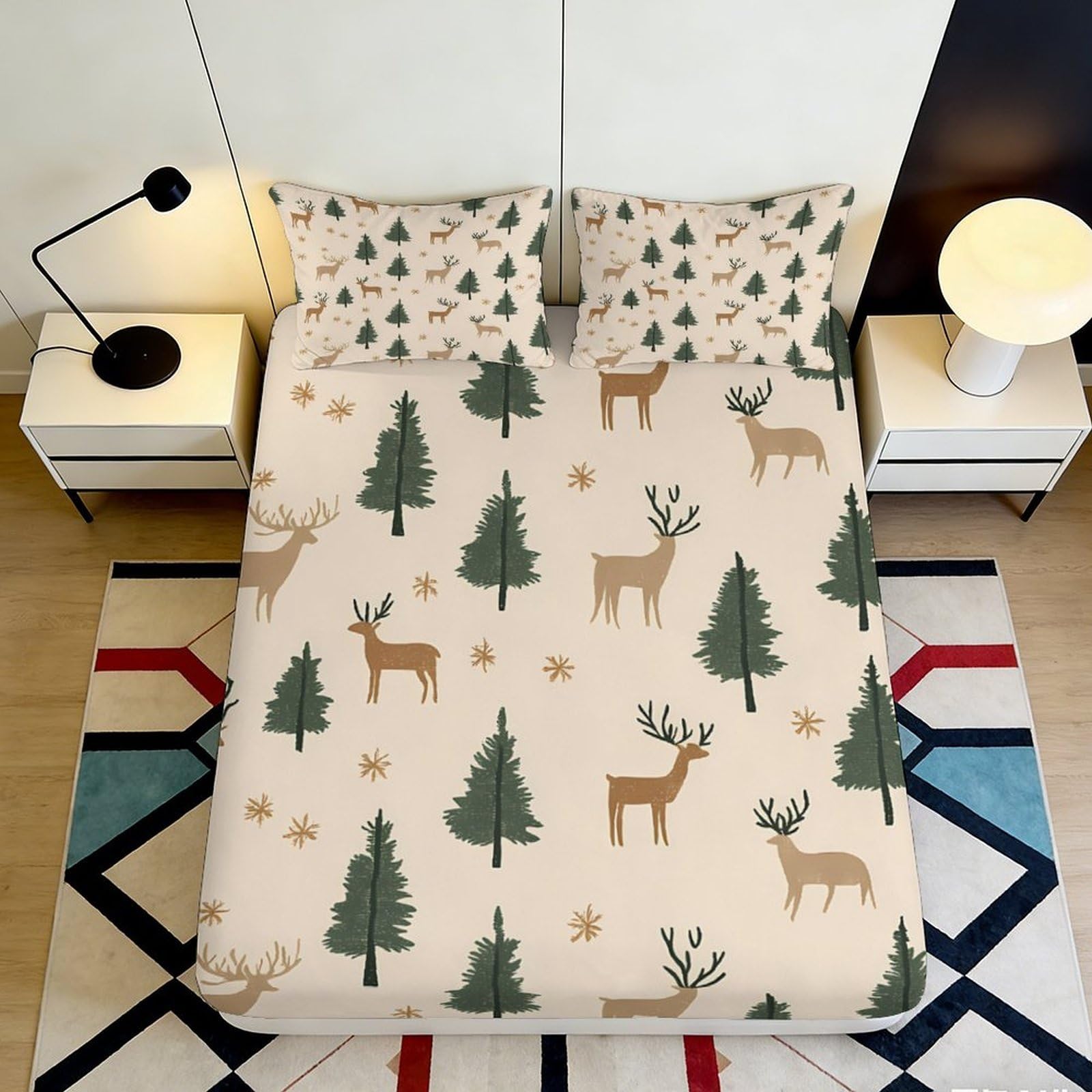 3D Printed Forest Pine Fitted Sheet Microfiber Soft Antler Deer Mattress Cover for Bedroom Guest Room Décor 200x200x25cm
