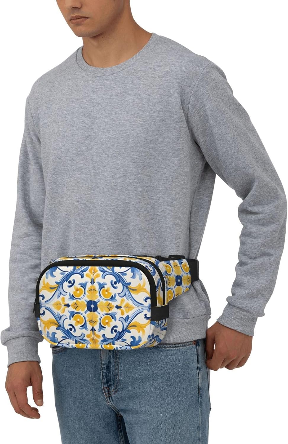 Yellow Blue Ornament Tiles Fanny Pack for Women Men Fashion Waist Packs with Adjustable Strap Crossbody Belt Waist Bag for Hiking Running Travel