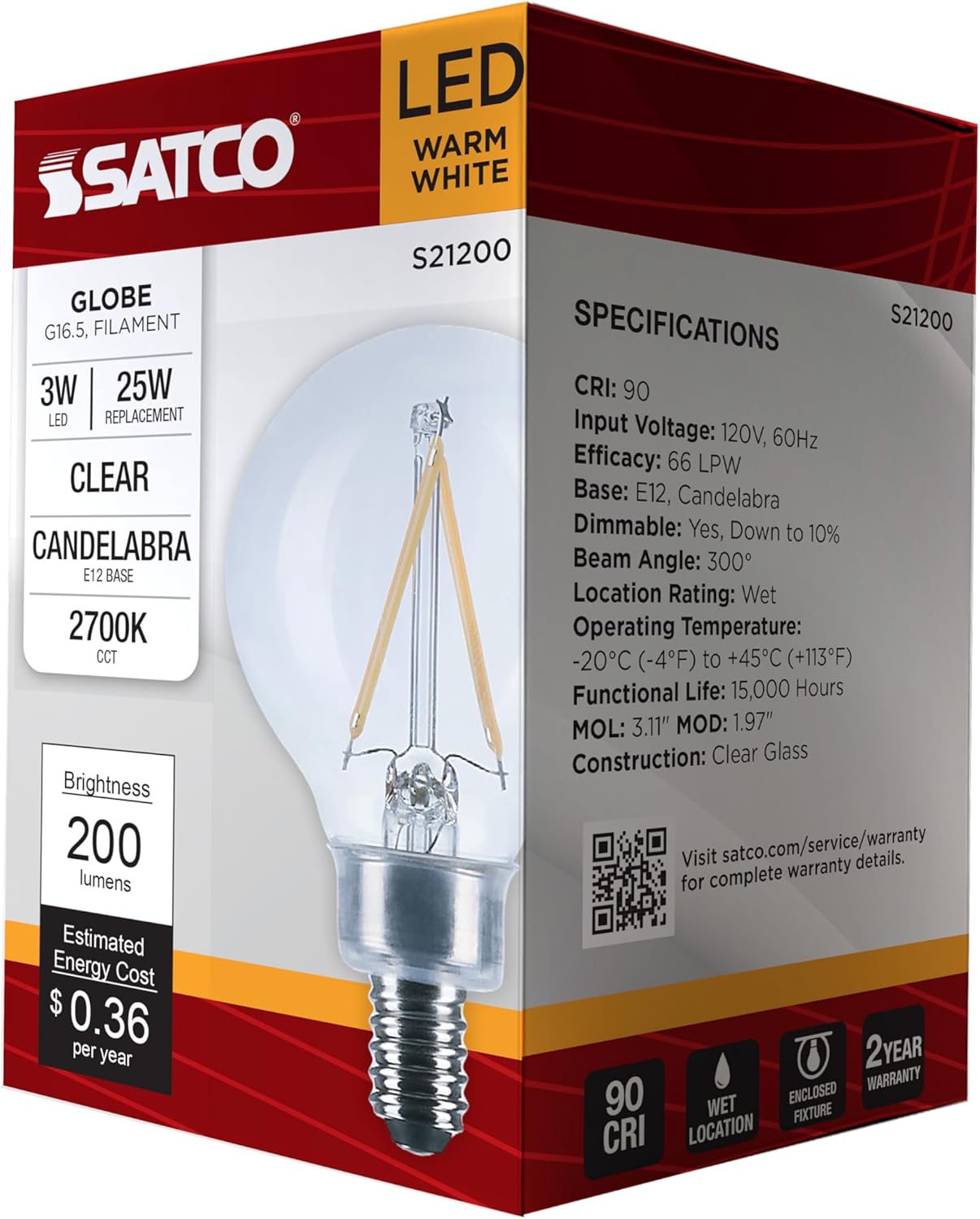 Satco S21200 3W G16.5 LED Filament Lamp, Clear, Candelabra Base, 2700K Warm White, 200 Lumens, 120V, 25W Incandescent Equivalent, Wet Location, 90 CRI, Dimmable, cULus (24 Pack)