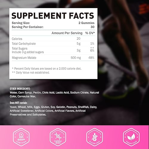 Miniatura 2 de Gomitas de malato de magnesio de 500 mg, energía saludable y apoyo muscular, suplemento de magnesio de alta absorción con ácido málico para adultos