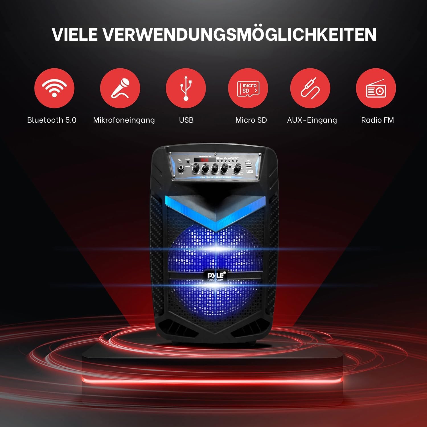 Pyle PA Bluetooth Lautsprecher- Karaoke Maschine mit Karaoke Mikrofon, 600W, Musikbox Bluetooth Box, Partybox, Rechargeable, 10” Subwoofer, 1” Tweeter, Aufnahmefunktion, Partybeleuchtung, USB/SD-Radio