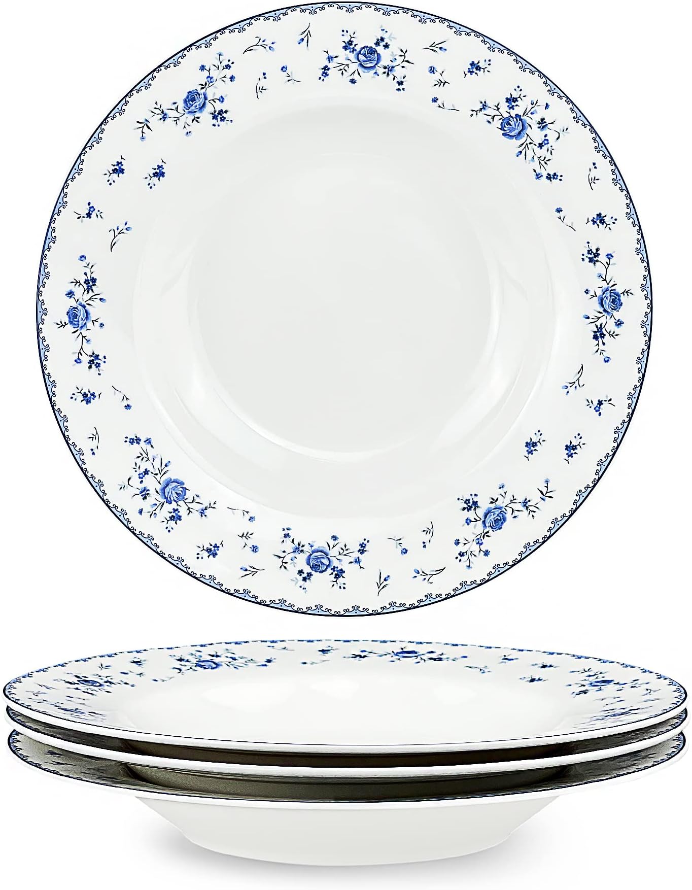 8 Inch Porcelain Soup Bowls Set of 4, Round Pasta Plates Set for Salad, Dessert, Snack, Blue Roses
