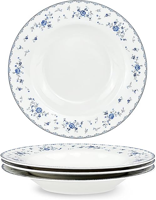 fanquare 21.8cm Wide and Shallow Soup Bowls Set of 4, Porcelain Blue and White Soup Plates Set, Pasta Bowls for Housewarming Gifts
