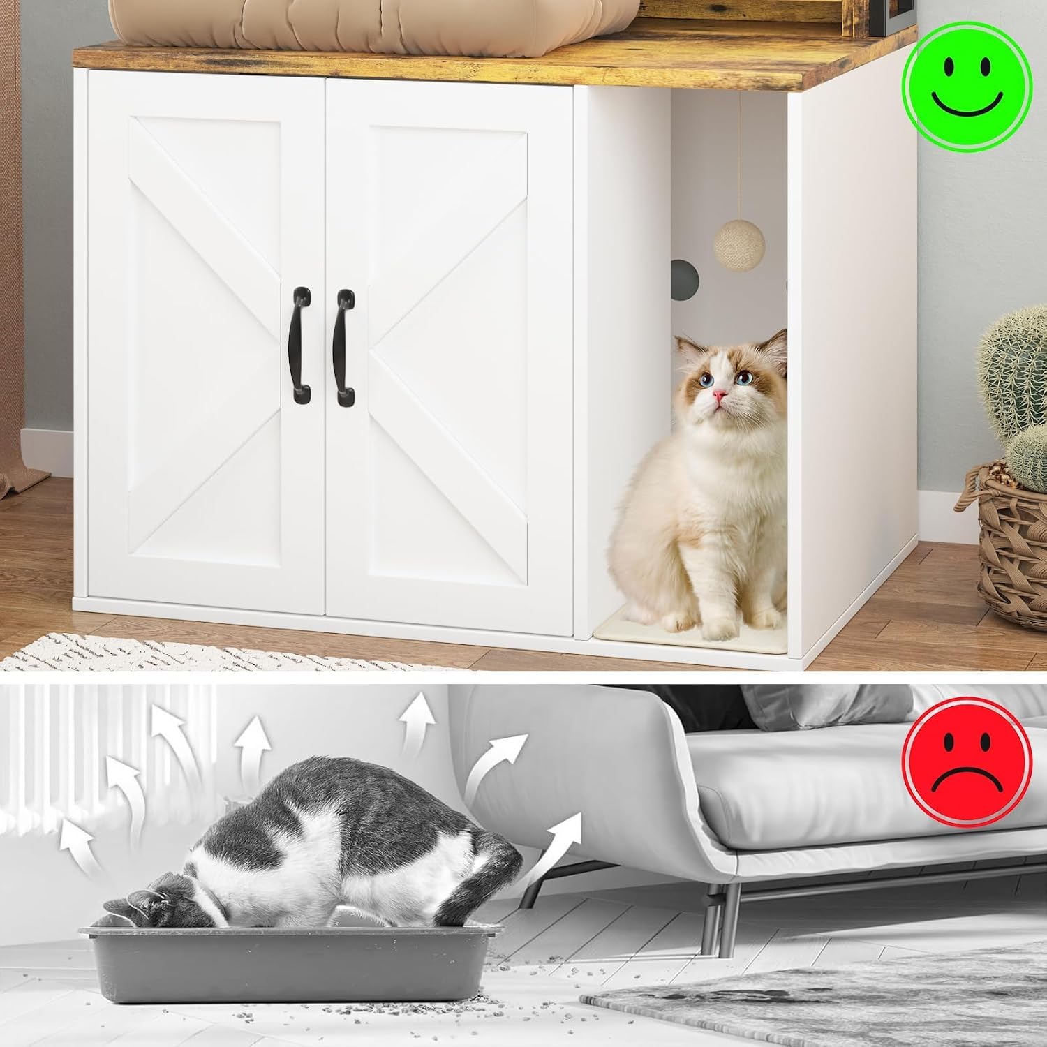 GarveeHome 55" H Cat Litter Box Enclosure Hidden Litter Box Furniture Wooden Cat House with 2 Storage Shelves and Charging Sockets Large Indoor Cabinet for Living Room Entryway White&Rustic Brown