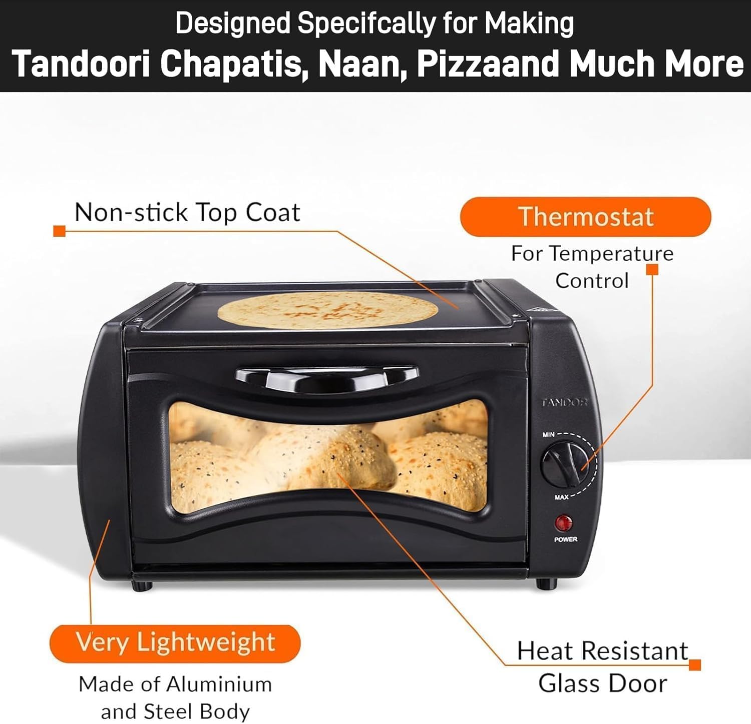1500W Electric Pizza Oven, 15L Countertop Tandoor Bread Maker, 50-400℃ Adjustable Temperature, Includes Bake Tray, Rack and Handle, for Chapati Roti Lahmacun Manakish Naan