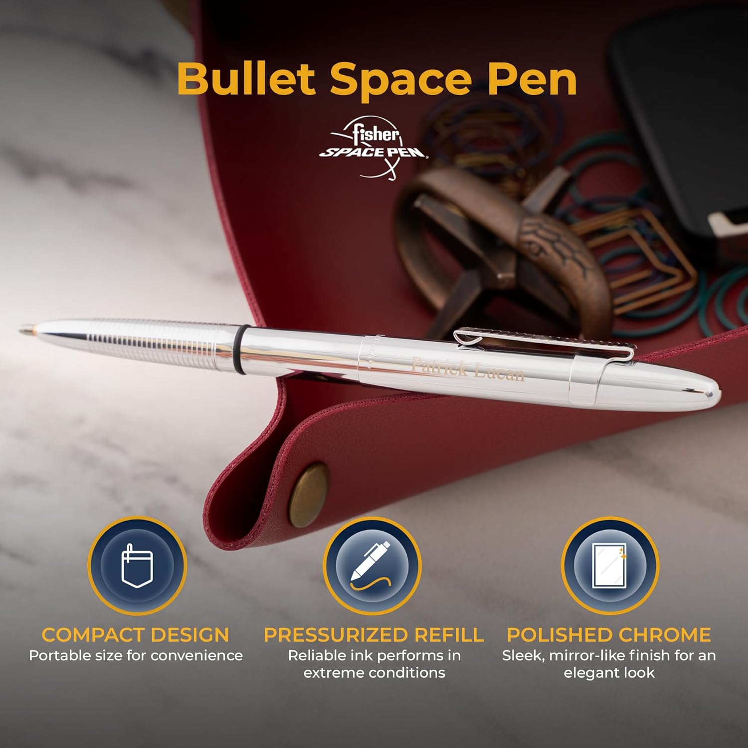 Personalized Fisher Bullet Space Pen with Clip | Chrome Finish with Custom Engraving | Pressurized Ink | For Professionals and Adventurers