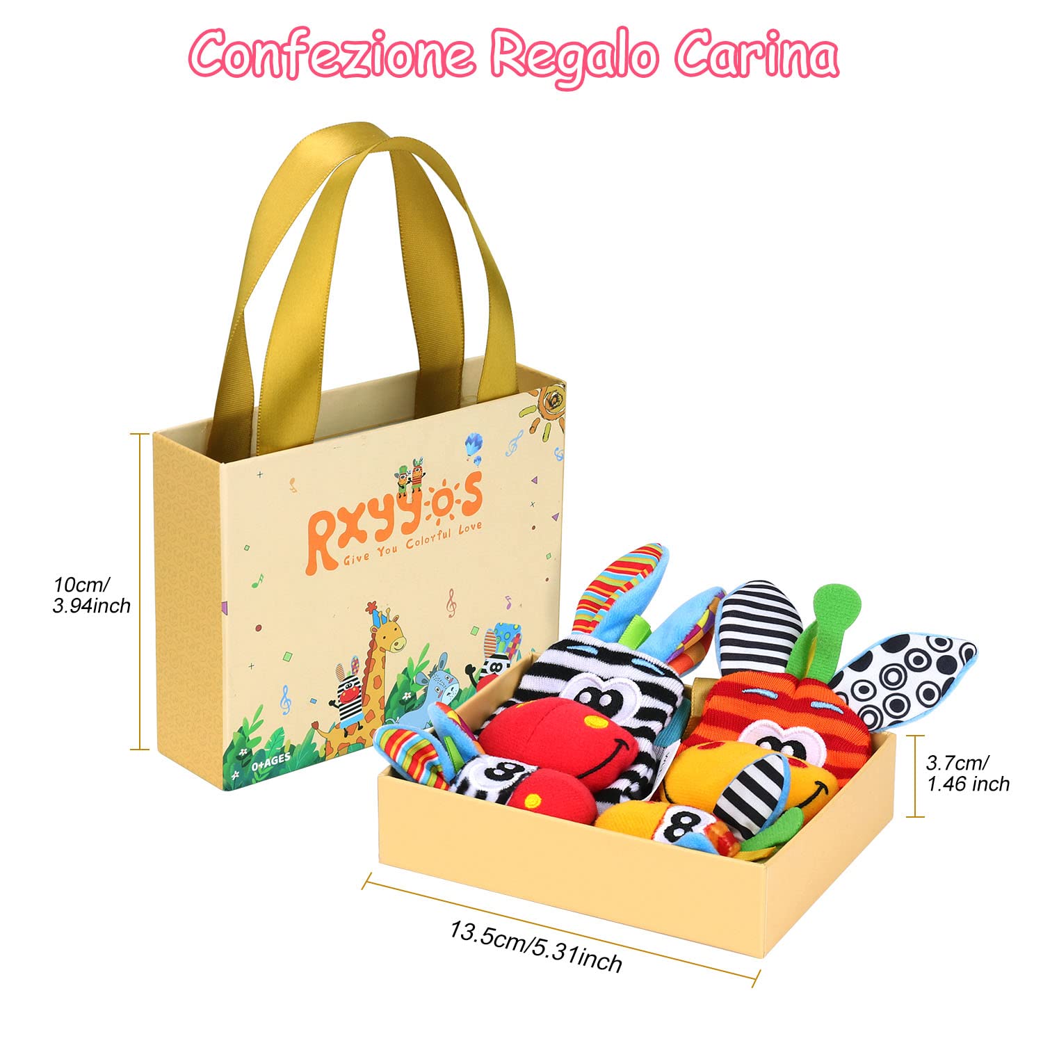 Giochi Neonato Sonagli Sensoriali per Bambini, Calzini da Polso Simpatici Animaletti Developmental Soft Toys Bambole per Neonati Neonato, 4 Pezzi
