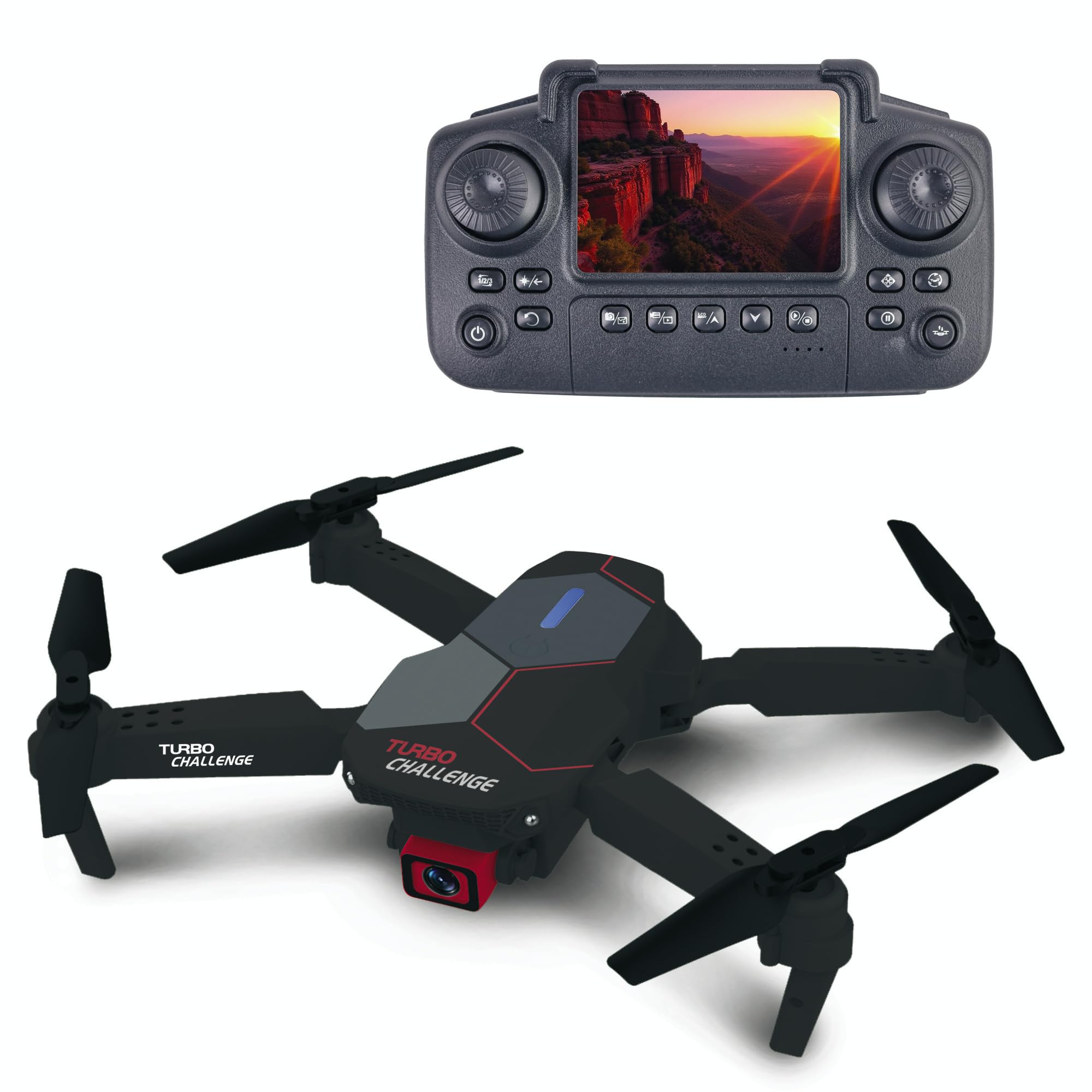 TURBO CHALLENGE - Drone - Quadricoptère - 400329 - Dispositif Volant - Noir - 2 Batteries Rechargeables - Cadeau - Anniversaire - Vidéo - Photo - Radiocommandé - Ecran Intégré - À Partir de 14 Ans