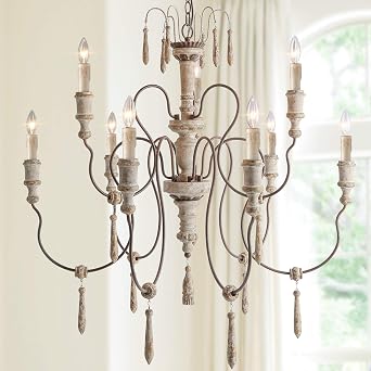 LALUZ Farmhouse Wood Chandeliers for Dining Rooms, 9-Light Distressed French Country Lighting, D39 H38