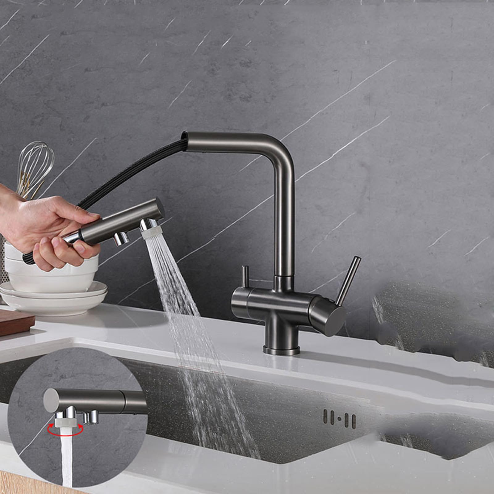 Küchenarmatur mit schwenkbarem Auslauf für Trinkwasser und Filtration