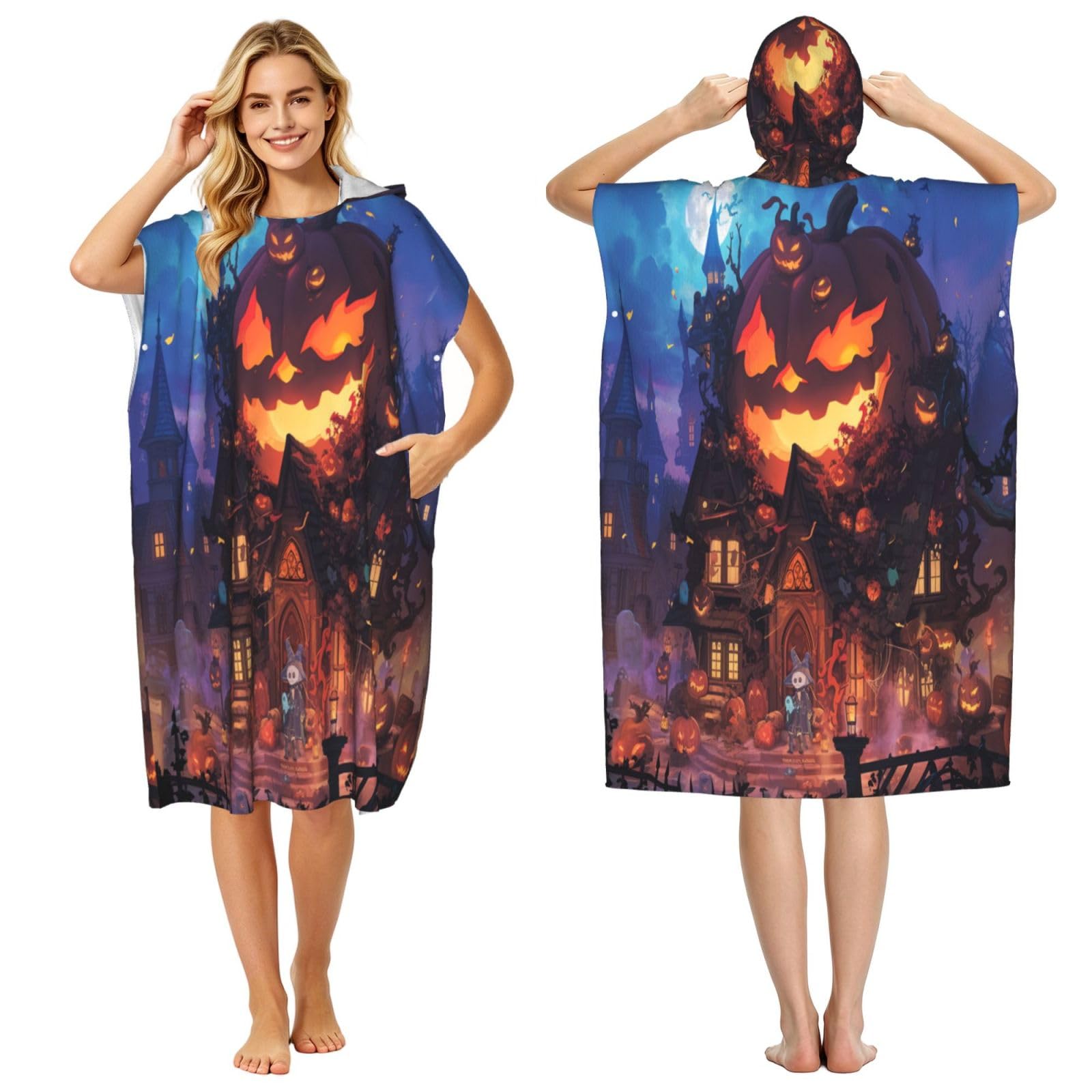 DTHKJNLSF Halloween Pumpkin Party Adult Hooded Beach Poncho Towel
