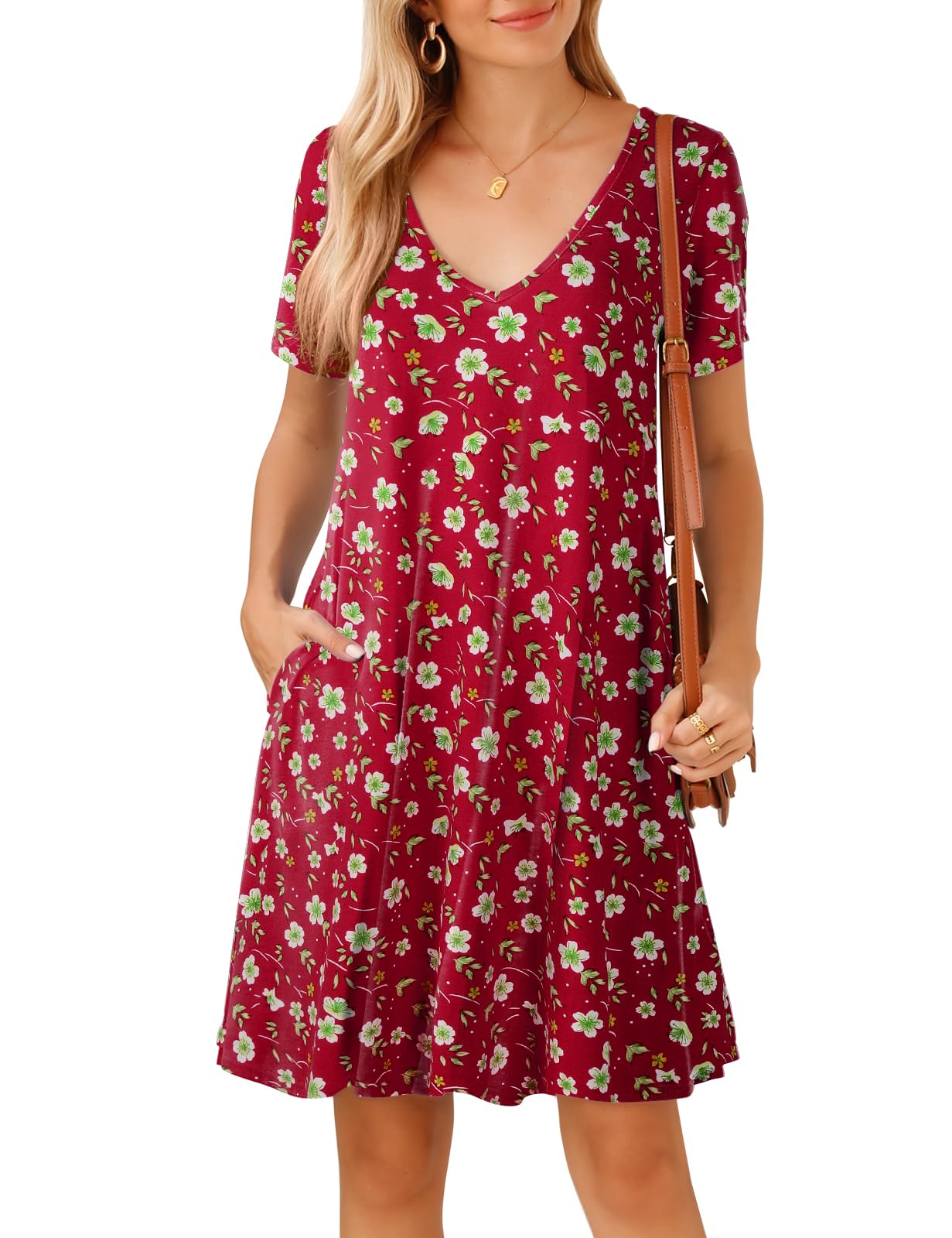 JollieLovin Women T Shirt Plus Size Summer Swing Dresses Short Sleeve V Neck Loose Casual Dress(L-5X)