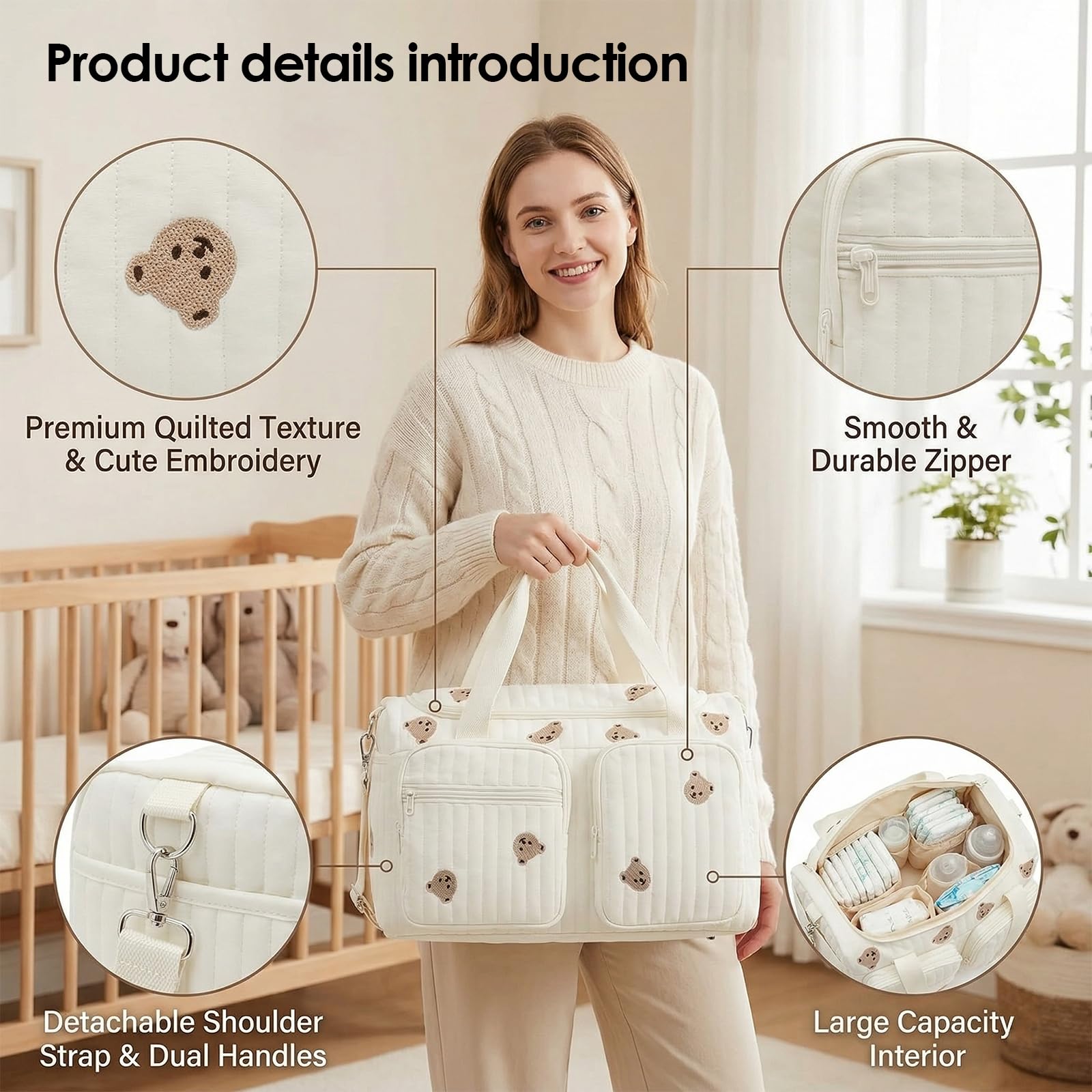 Grand sac à langer polyvalent pour les déplacements, 48 × 22 × 26 cm, sac clinique de naissance, sac à langer en coton, sac à langer pour les déplacements, la naissance à l'hôpital, les voyages, la