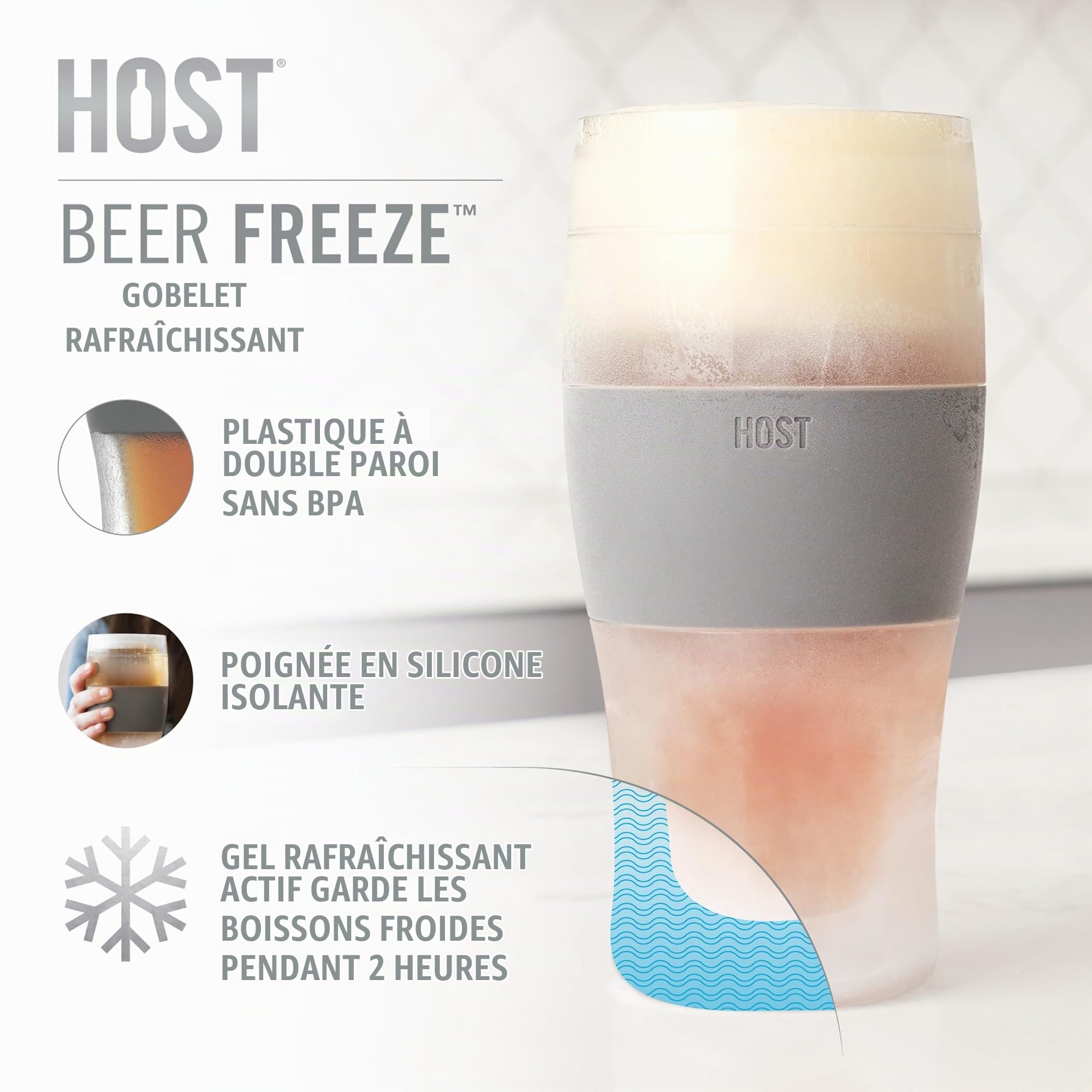 Host Beer Freeze Verres à bière rafraîchissants, Plastique Double paroi Isotherme réfrigérant, Peuvent être congelés, avec Gel réfrigérant | Pinte à congeler, Lot de 2, 473 ML- Noir et Gris (10017)