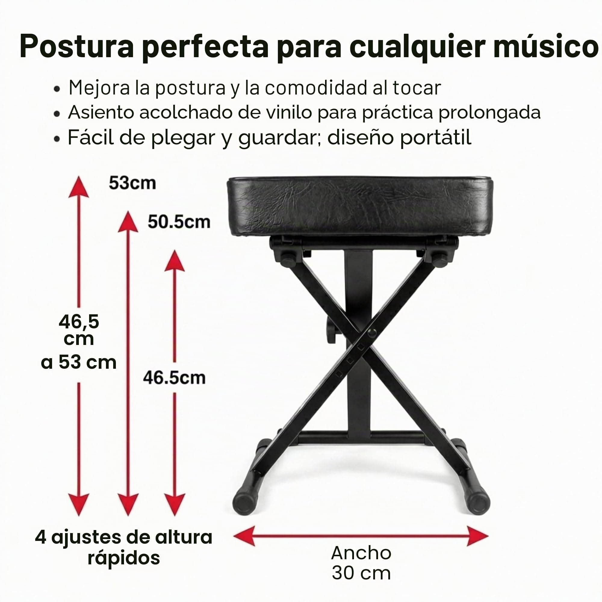 RockJam Banco de Piano Ajustable/Taburete de Teclado, Asiento Grueso Acolchado, Marco X Plegable, 4 Alturas, Acero Resistente