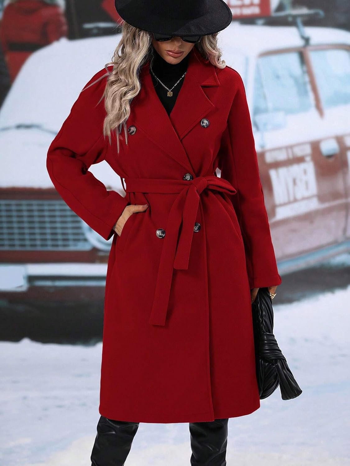 utcoco Womens Long Wool Pea Coat Notched Lapel Double Breasted Trench Coat Winter Warm Overcoat with Belt - Image 2