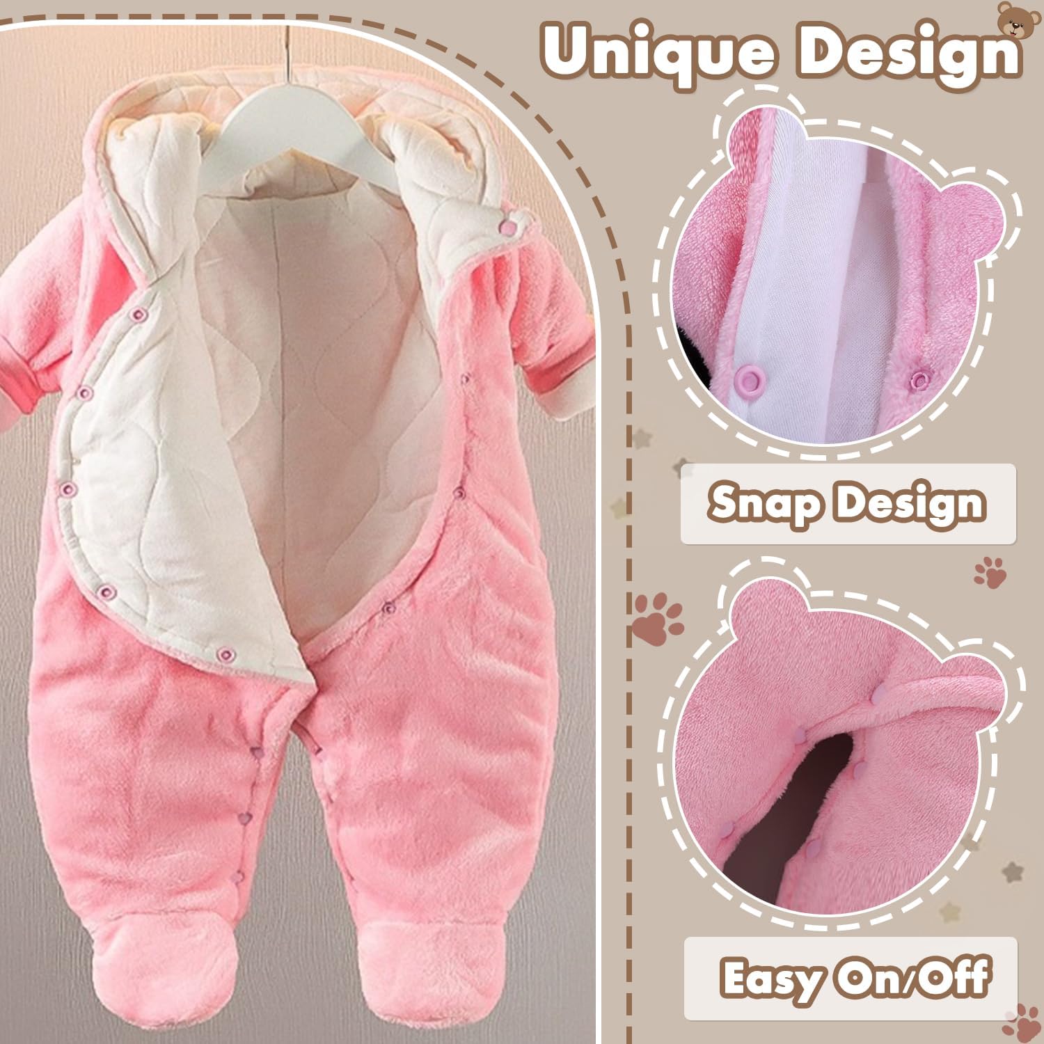 Fairy Baby Newborn Baby Snowsuit Bear Outfit Footie Romper Winter Thick Fleece Jumpsuit Infant Coat for Girls Boys 0-12M - Image 3