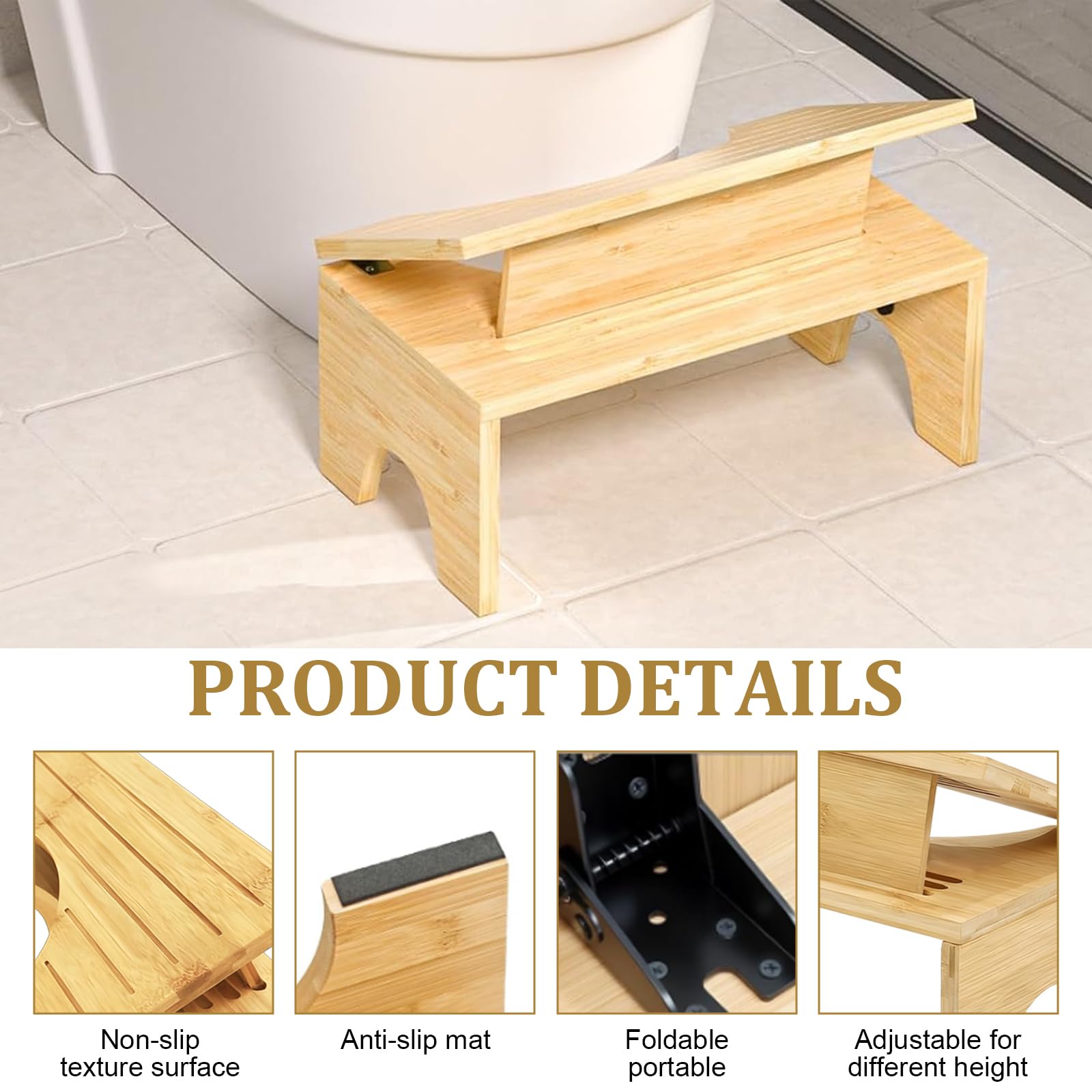 Sgabello da toilette pieghevole in bambù, 39,5 x 21,5 x 16,5 cm, in bambù, per adulti, con 4 velocità di regolazione dell'inclinazione, antiscivolo, pieghevole, per adulti e bambini