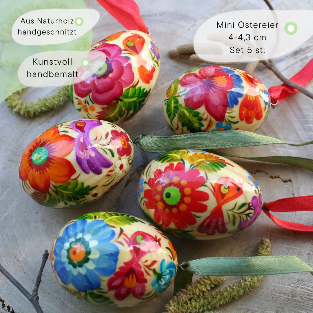 Handbemalte Ostereier Mini zum Aufhängen aus Holz 5 St Set mit Schönem Blumenmuster der Ukrainischer traditioneller Petrykiwka-Malerei