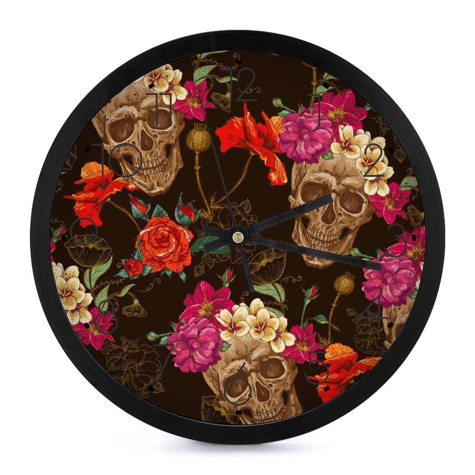 Pendule murale silencieuse moderne crâne et rose de 25.4 cm pour bureau