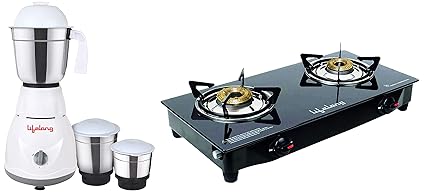 Lifelong Power Pro 500-Watt Mixer Grinder with 3 Jars (White/Grey) & LLGS09 Glass Top, 2 Burner Gas Stove, Black (ISI Certified, Home Service Available) Combo