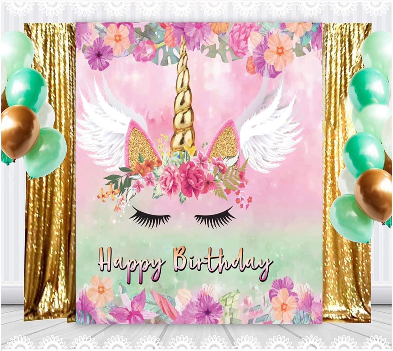 LTLYH Unicorn Birthday Backdrop for Girls 5x3ft Pink Floral Unicorn Party Decoration Happy Birthday Banner for Girls Party Photo Booth Background 054