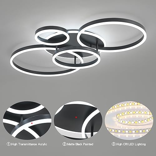 Miniatura 7 de O'NEELDY Lámpara de techo moderna de montaje empotrado, lámpara LED negra para montaje en techo, 4 anillos, lámpara de araña LED con control remoto