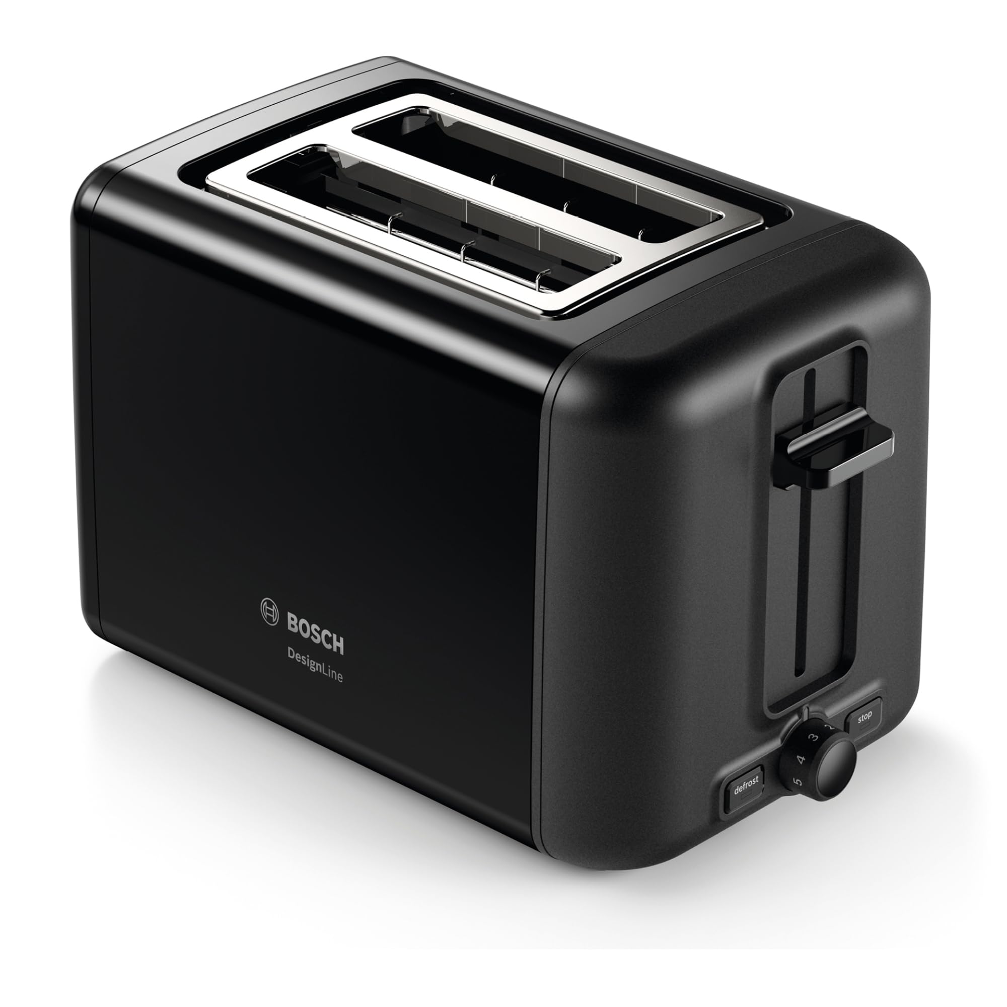 Bosch Kompakt Toaster DesignLine TAT3P423DE, Integrierter Edelstahl-Brötchenaufsatz, Mit Abschaltautomatik, Mit Auftaufunktion, Perfekt Für 2 Scheiben Toast, Liftfunktion, Breit, 970 W, Schwarz