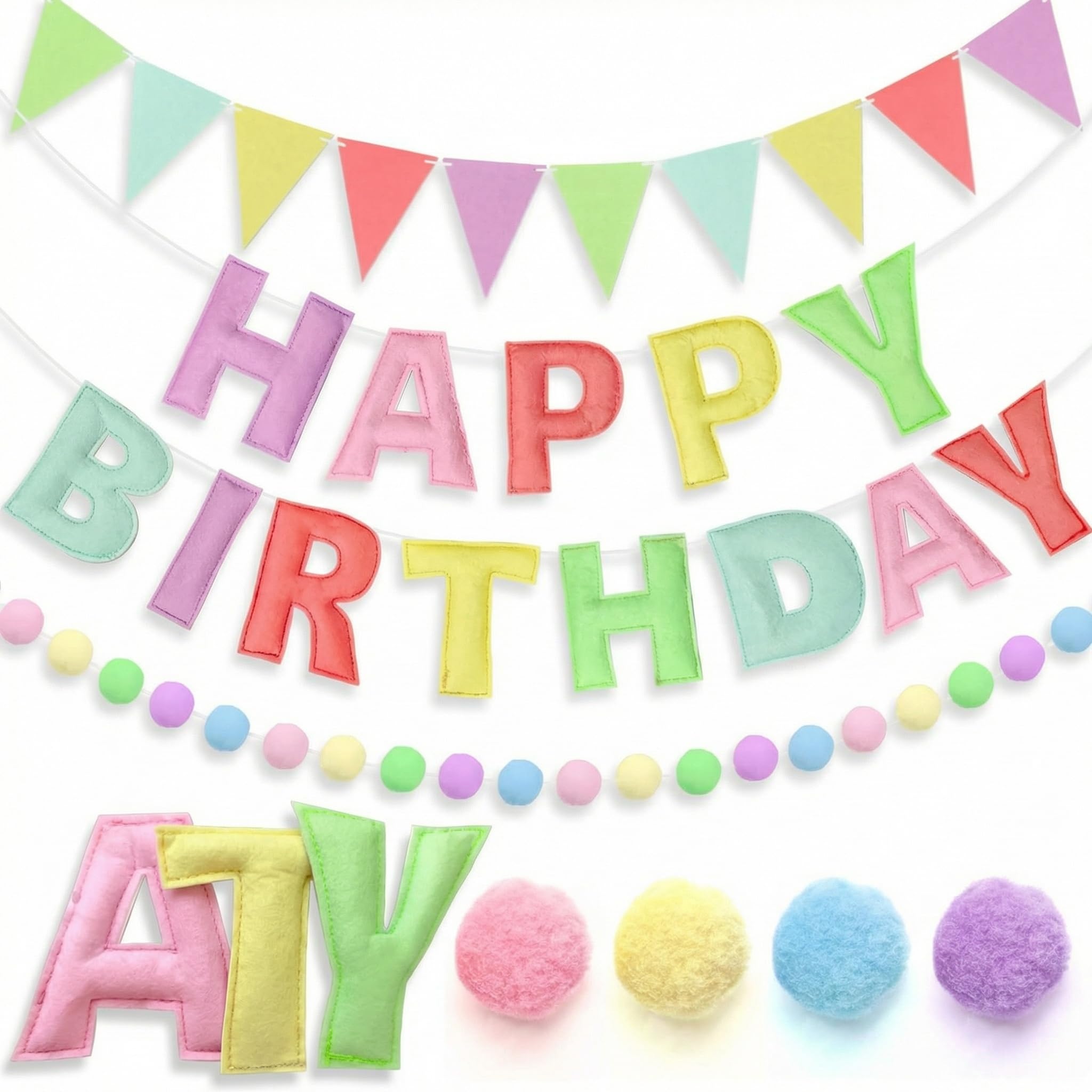 Happy Birthday Banner Pre-Strung Pom Pom Garland Rainbow Birthday Decorations Reusable Birthday 3D Felt Letters Ball Garland Birthday Bunting Party for Adults Kids Baby Shower Photo Prop (Macarons)