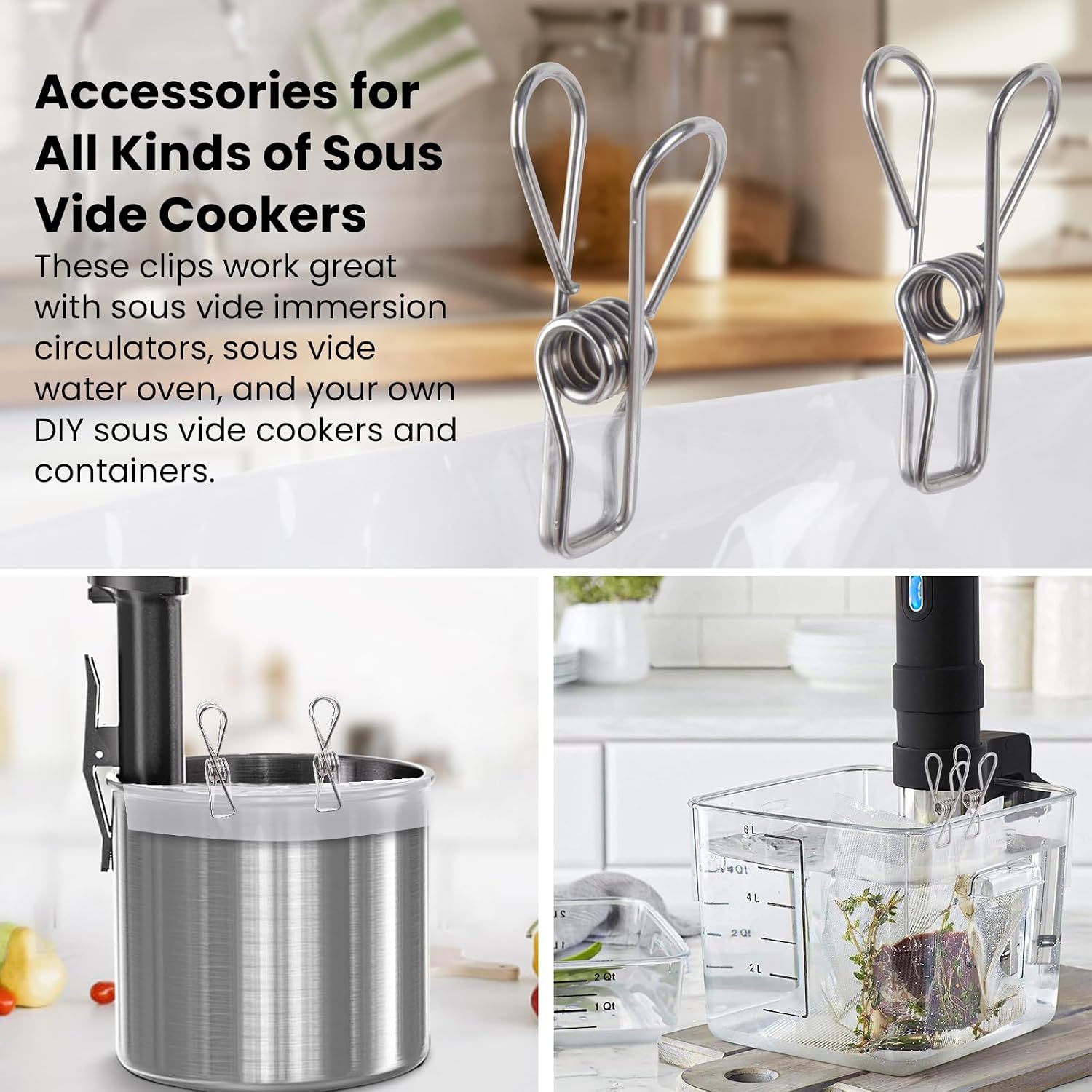 15 Pack Sous Vide Cooking Clips for Immersion Circulator, Sous Vide Weights Clamp Compatible with All Kinds of Sous Vide Cookers & Containers, Keep Bags Submerged, Food Grade Stainless Steel