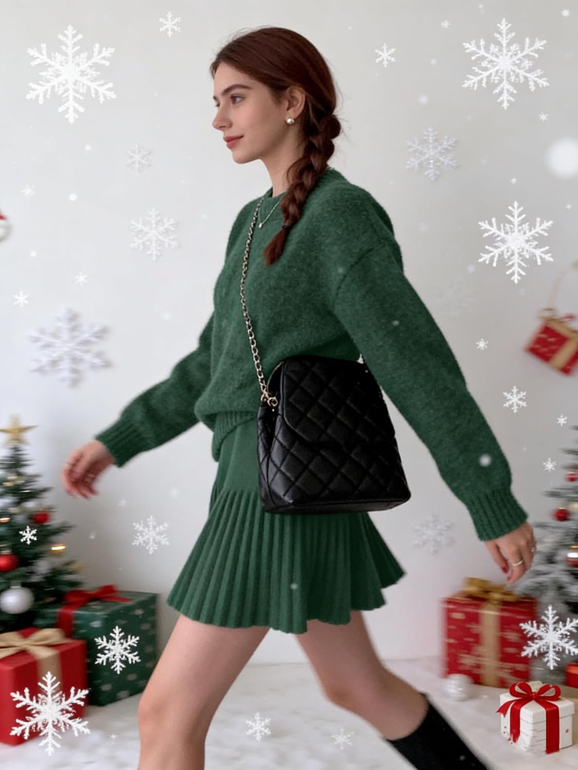 CHARTOU Women Sweater Skirt 2 Pieces Outfits Oversized Pullover Sweater and Pleated Mini Skirt