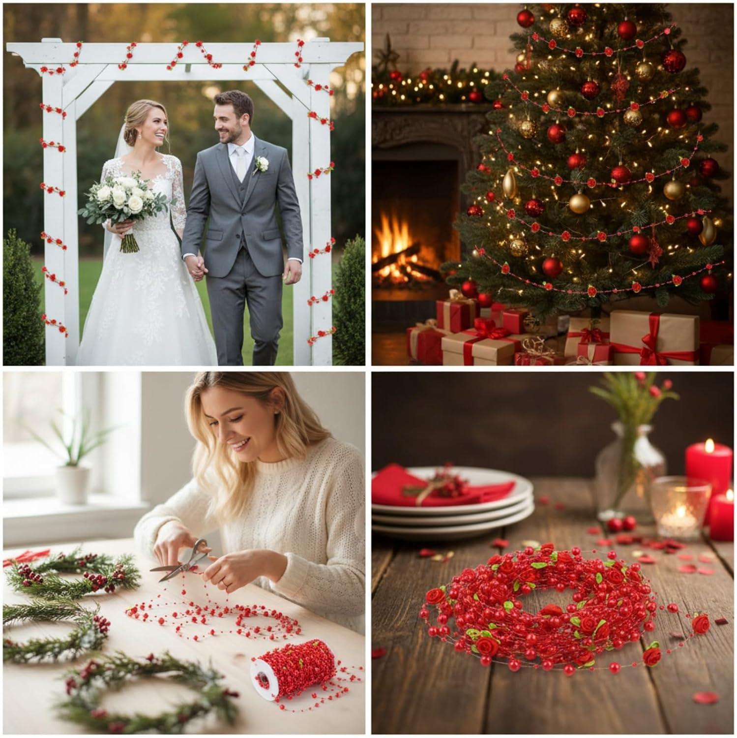 5m/16ft Pearl Garland,Garland Pearl Spool String of Pearls Rose Ribbon String Chain Decorative Beads for Wedding, Party,Christmas Flower Tree and DIY Supplies (Red & Leaf) image 2