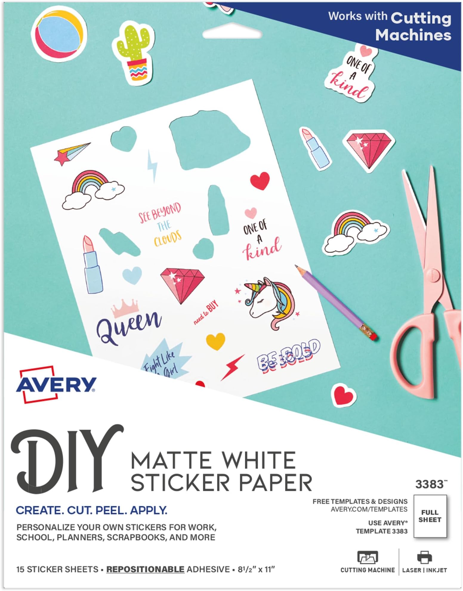 Avery Printable Sticker Paper, 8.5" x 11", Matte White, Repositionable Adhesive, Laser/Inkjet Compatible, 15 Full-Size Label Sheets, Great for Product Branding, Cute Stickers, Crafts, and More (3383)