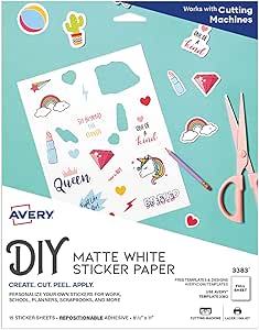 Avery Printable Sticker Paper, 8.5" x 11", Matte White, Repositionable Adhesive, Laser/Inkjet Compatible, 15 Full-Size Label Sheets, Great for Product Branding, Cute Stickers, Crafts, and More (3383)