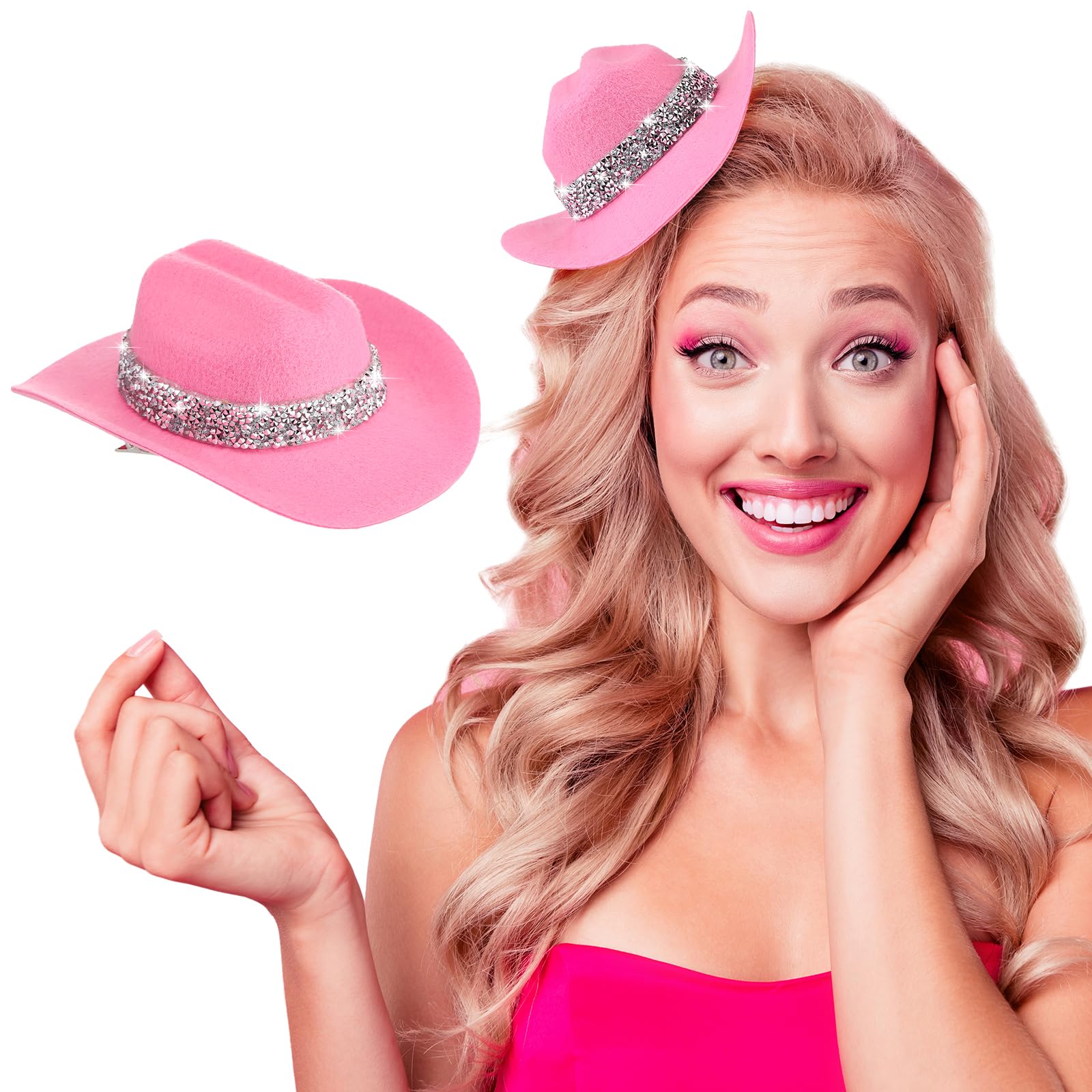 Zeyune 6 Inch Cowboy Hat Hair Clip with Rhinestones Cowgirl Mini Small Hat Clip for Wedding Disco Western Party