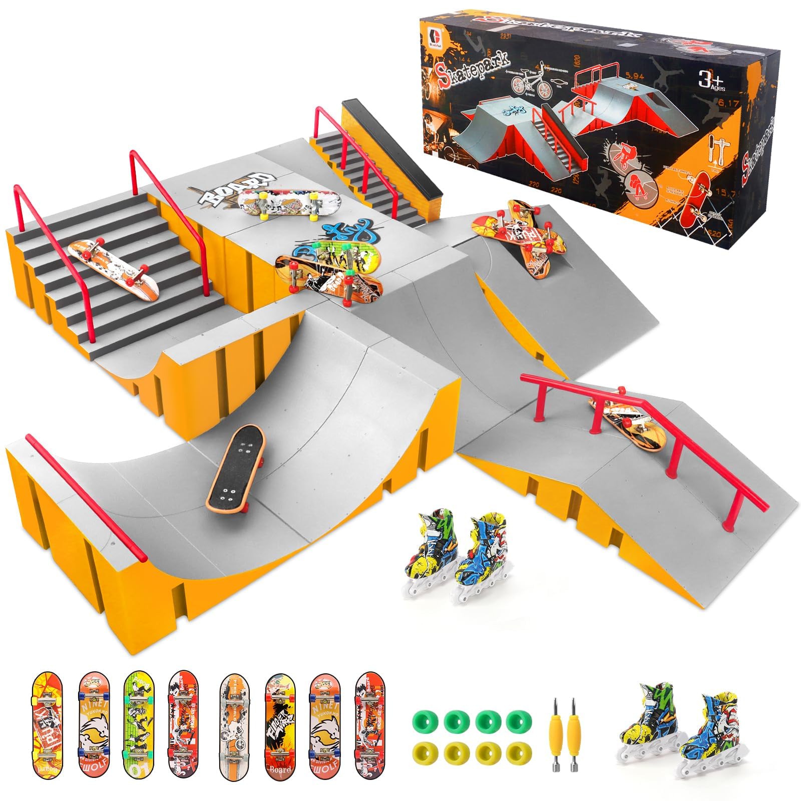Tlater Finger Skateboard Park Kit Mini Finger Skateboard Rampa Kit DIY Montaje Diapasón Patineta Parque para Niños Regalo de Cumpleaños Amarillo 14 - en 1