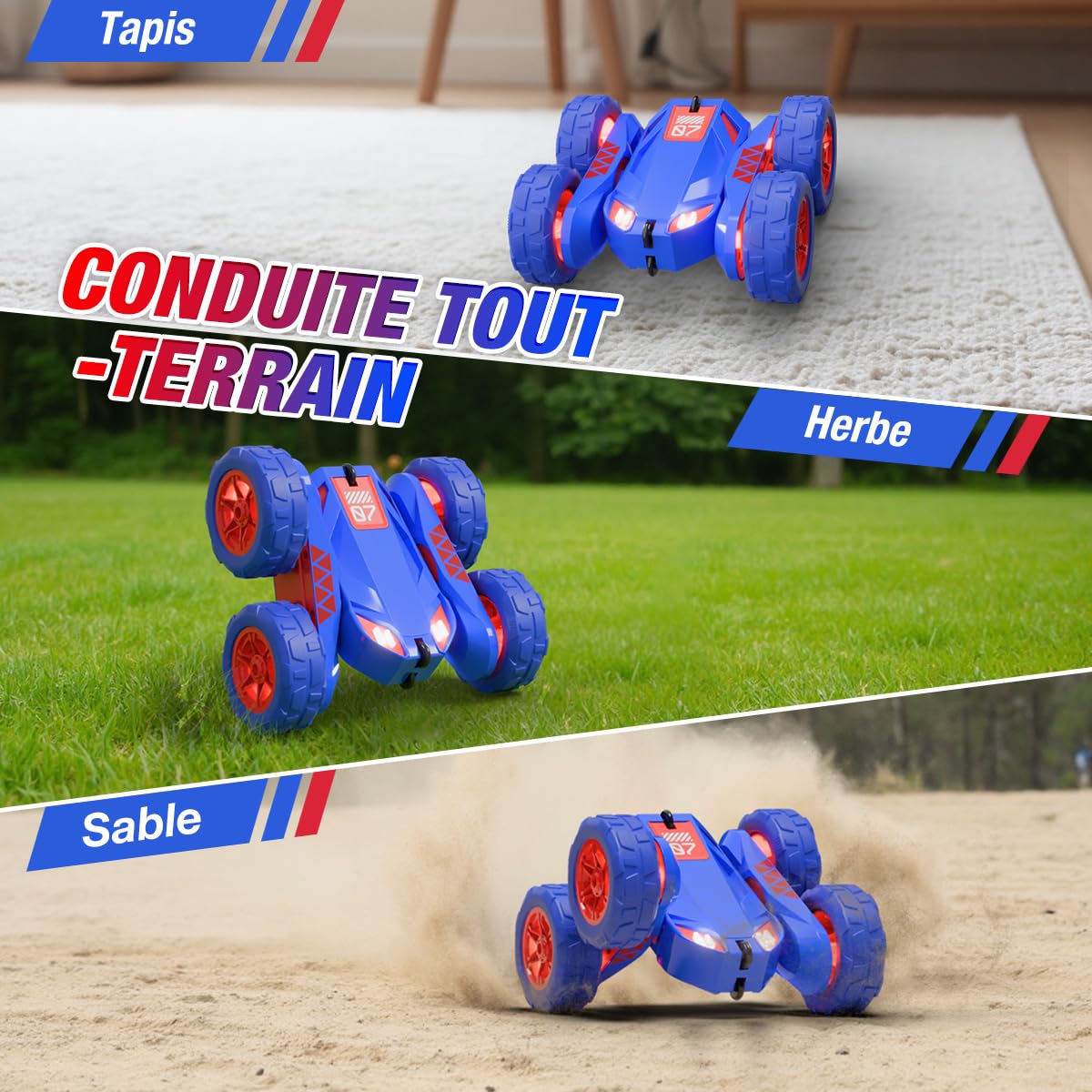 Voiture Télécommandée USB Chargement Direct avec LED,2.4Ghz 360° Rotation Monster Truck Tout Terrain,RC Voiture Radiocommandée Cadeau Jouet Enfants 3-12 Ans Garçon Fille