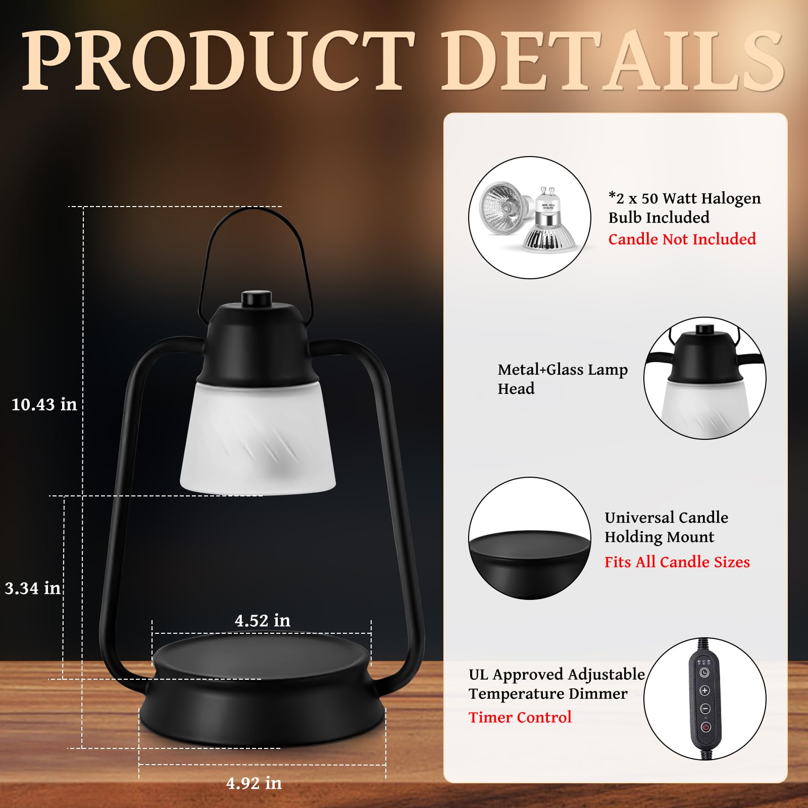 Rjvanvn Candle Warmer Lamp with Timer, Dimmable Electric Wax Melt Warmer, Black Safe Flameless Lantern for New Home Decor, Long-Lasting Fragrance, Gift for Mom Women