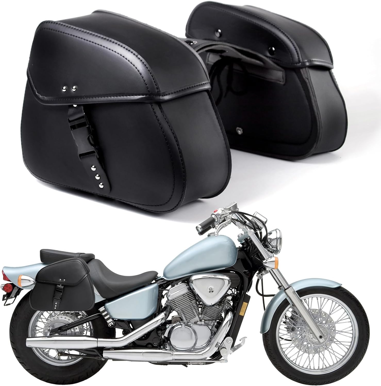 Motorcycle Saddle Bags with Buckles, 16L Waterproof Motorcycle Saddlebags, PU Leather Saddle Bags Motorcycles for Sportster Softail Dyna V-star Shadow,Universal Accessories