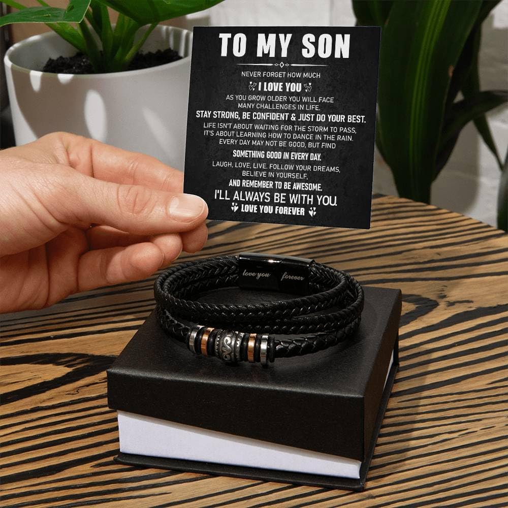 To My Son Bracelet, Stainless Steel Chain & Braided Leather Bracelet, nspirational Present for Son from Mom and Dad, Birthday Christmas Graduation Gifts for Teens.