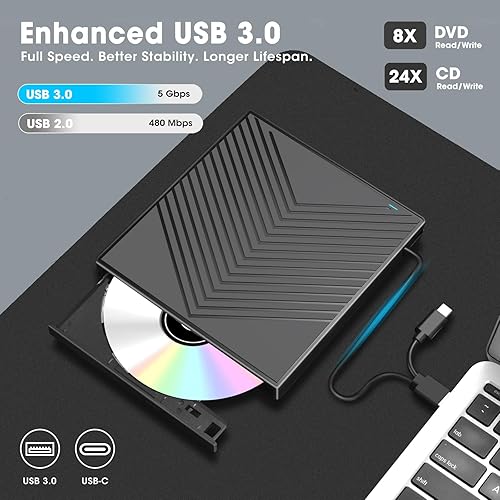 Miniatura 19 de ROOFULL Reproductor externo de unidad de CD y DVD, grabadora de CD USB 3.0 con estuche de transporte, lector de disco óptico portátil DVD+/-RW