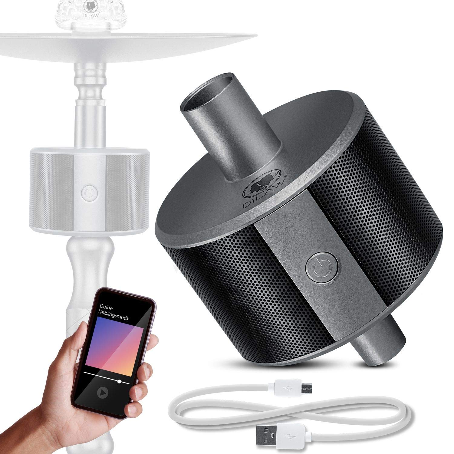 DILAW® Shisha ECO Bluetooth Speaker Hookah SoundBar Mini Bluetooth Lautsprecher, 80dB Kabellose Tragbare Wasserpfeife Musikbox mit 24 Farbige LED 10m Bluetooth Reichweite 350 mAh, Grau