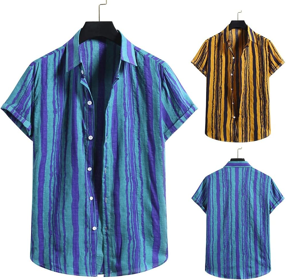 Men's Striped Shirt for Men Fasion Cotton Linen Short Sleeve Loose Buttons Hawaiian Casual Shirt Blouse
