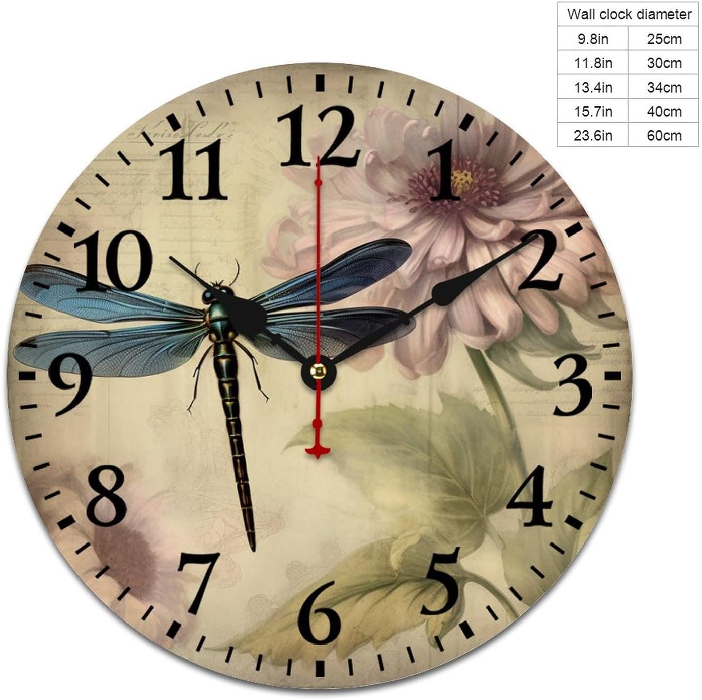 French Farmhouse Vintage Floral Dragonfly Wooden Wall Clocks Wild Flower with Color Dragonfly Home Decor Clock Silent & Non-Ticking Home Office Arabic Numbers 16 Inch Round