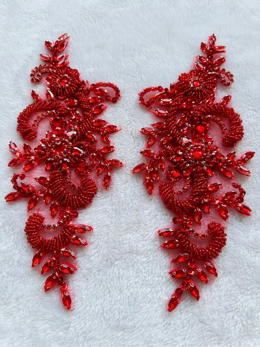 Handmade Rhinestones on Lace Applique Trim Sewing Beads Sequins Trim Patches for Wedding Dress Accessories 1Pair/Bag 4.72X11.8inches (Red)