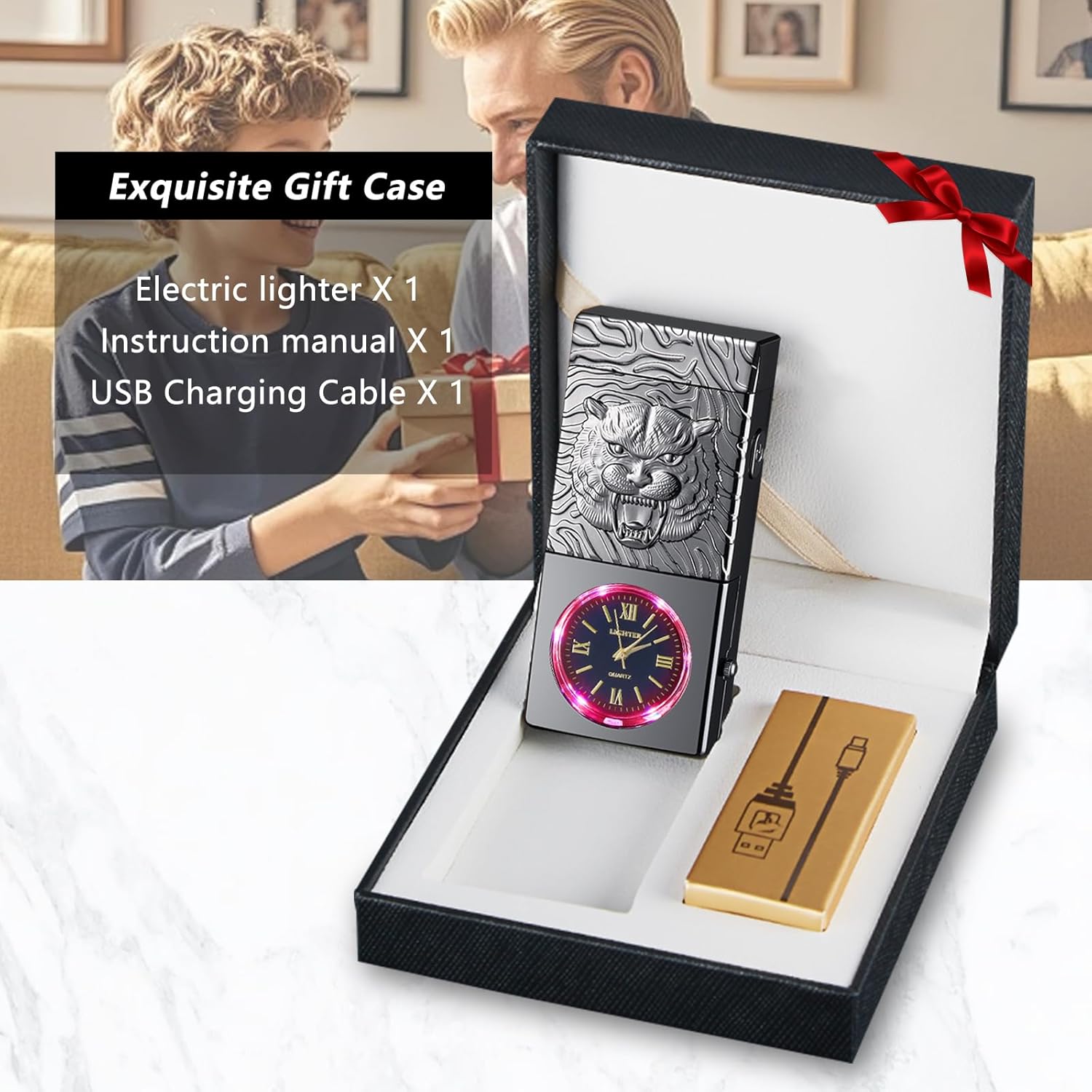 Electric Lighter USB Rechargeable Lighter, Windproof Plasma Dual Arc Lighters, Flameless Cool Clock Lighters with LED Battery Indication for Candles, Incense Stick, Outdoor Use (Black, Tiger)