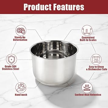 Stainless Steel Inner Pot for Ninja Foodi 8Qt, Replacement Insert Liner | Food Grade 304 Replacement Parts for Ninja Foodi, Thick Bottom Even Heating Non-Toxic Pressure Cooker Accessory