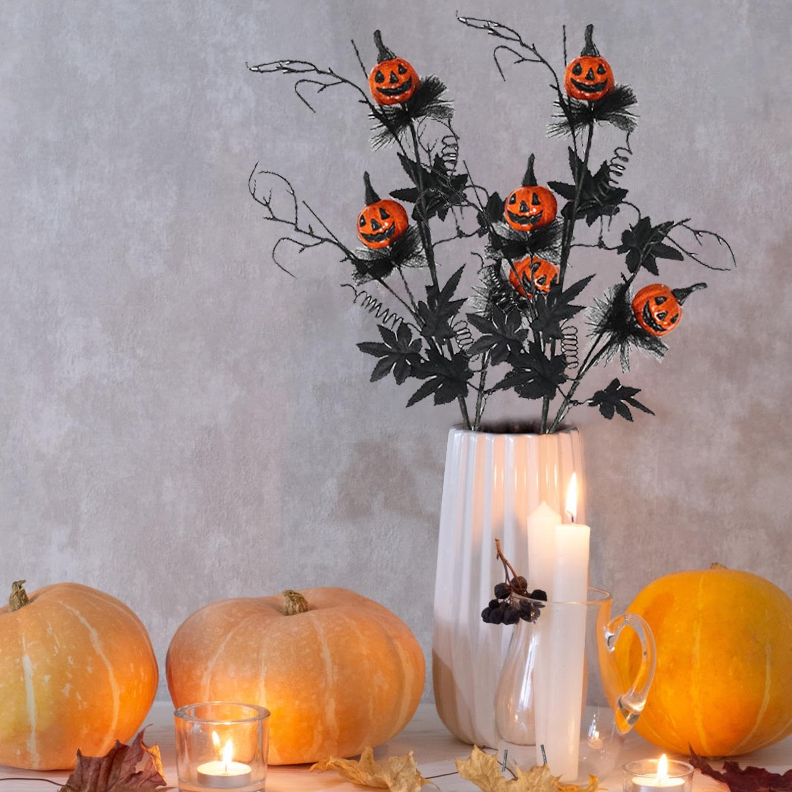 JOISHOP 5 Fiori Artificiali Per Halloween - Steli Di Zucca Nera E Foglie D'Acero, Decorazione Da Vaso Alta 50 Cm